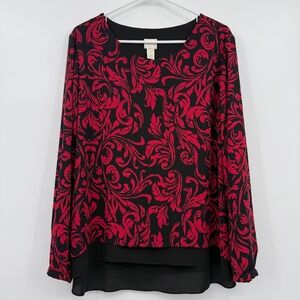 Chicos Top Women XL Red Black Long Sleeve Blouse Round Neck Lightweight